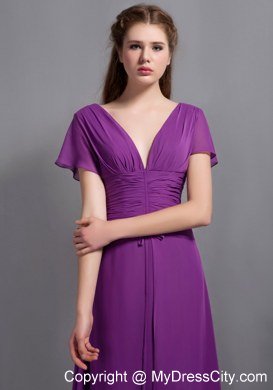 Best Purple Sheathy V-neck Floor-length Chiffon Ruched Bridesmaid Dress