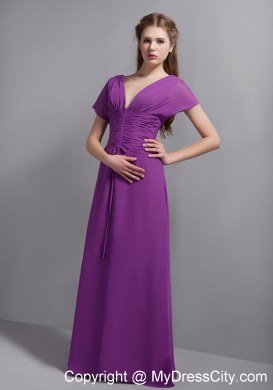 Best Purple Sheathy V-neck Floor-length Chiffon Ruched Bridesmaid Dress