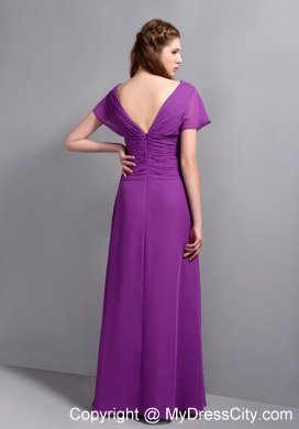 Best Purple Sheathy V-neck Floor-length Chiffon Ruched Bridesmaid Dress