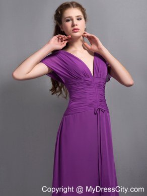 Best Purple Sheathy V-neck Floor-length Chiffon Ruched Bridesmaid Dress