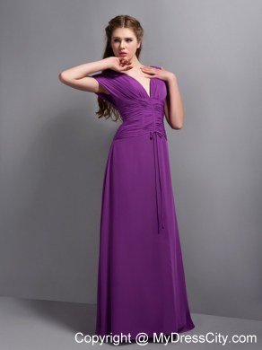 Best Purple Sheathy V-neck Floor-length Chiffon Ruched Bridesmaid Dress