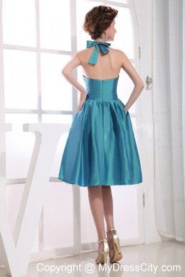 Lonely Teal Halter Top Neckline Knee-length Bridesmaid Dress with Bow