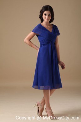 Royal Blue Chiffon A-line V-neck Ruched Maid of Honor Dress Knee-length