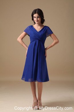 Royal Blue Chiffon A-line V-neck Ruched Maid of Honor Dress Knee-length