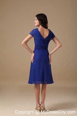 Royal Blue Chiffon A-line V-neck Ruched Maid of Honor Dress Knee-length