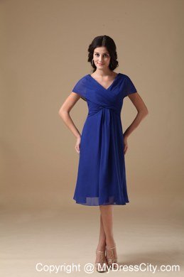 Royal Blue Chiffon A-line V-neck Ruched Maid of Honor Dress Knee-length