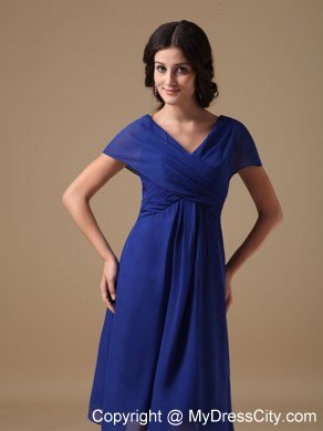 Royal Blue Chiffon A-line V-neck Ruched Maid of Honor Dress Knee-length