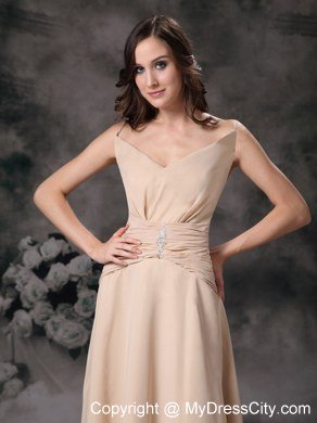 Long Beaded Champagne Slinky Spaghetti Straps Chiffon Bridesmaid Dress