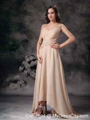 Long Beaded Champagne Slinky Spaghetti Straps Chiffon Bridesmaid Dress