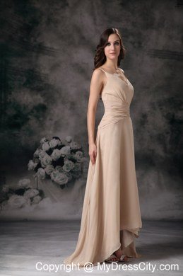 Long Beaded Champagne Slinky Spaghetti Straps Chiffon Bridesmaid Dress