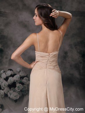 Long Beaded Champagne Slinky Spaghetti Straps Chiffon Bridesmaid Dress