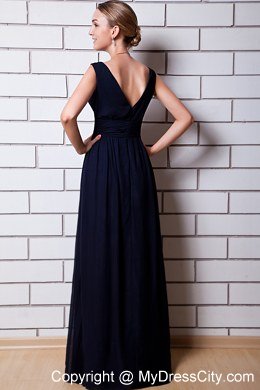 Hot Black Chiffon V-neck Floor-length Slinky Bridesmaid Dresses with Ribbon