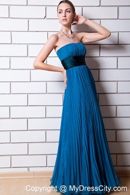 Blue Empire Strapless Pleated Organza Bridesmaid Dress Floor-length with Blet