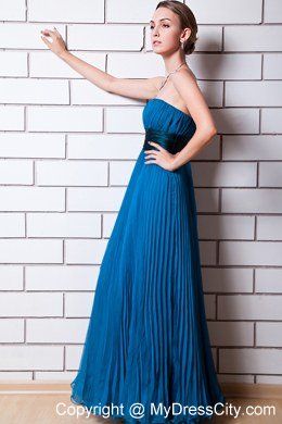 Blue Empire Strapless Pleated Organza Bridesmaid Dress Floor-length with Blet