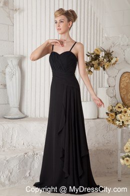 Smart Black Ruched Spaghetti Straps Chiffon Maid of Honor Dress Floor-length