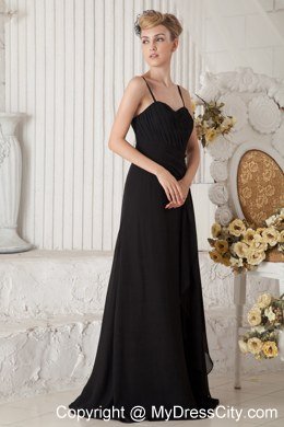 Smart Black Ruched Spaghetti Straps Chiffon Maid of Honor Dress Floor-length