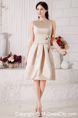 Fashion Sleek Champagne Bateau Short A-line Bridesmaid Dress with Flowers