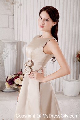 Fashion Sleek Champagne Bateau Short A-line Bridesmaid Dress with Flowers