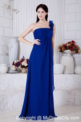 Royal Blue Empire Single Shoulder Flowery Bridesmaid Dress with Brush Train