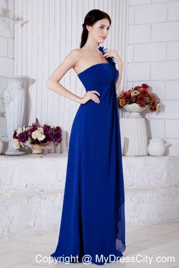 Royal Blue Empire Single Shoulder Flowery Bridesmaid Dress with Brush Train