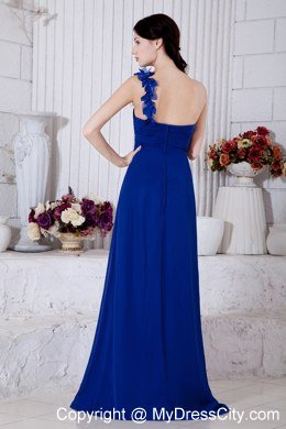 Royal Blue Empire Single Shoulder Flowery Bridesmaid Dress with Brush Train