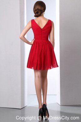 Showy Empire Wine Red V-neck Chiffon Ruche A-line Mini Bridesmaid Dress