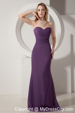 Dark Purple Chiffon Sheathy Sweetheart Brush Train Ruched Prom Dress