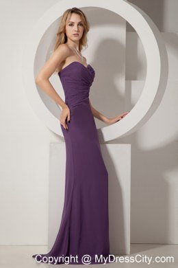 Dark Purple Chiffon Sheathy Sweetheart Brush Train Ruched Prom Dress