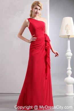 Jazzy Long Red One Shoulder Column Chiffon Bridesmaid Dress Ruched