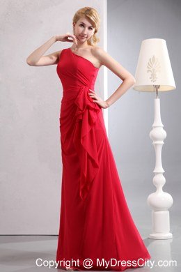 Jazzy Long Red One Shoulder Column Chiffon Bridesmaid Dress Ruched