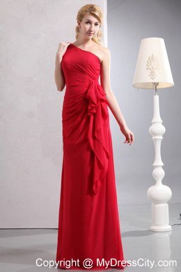 Jazzy Long Red One Shoulder Column Chiffon Bridesmaid Dress Ruched