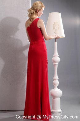 Jazzy Long Red One Shoulder Column Chiffon Bridesmaid Dress Ruched