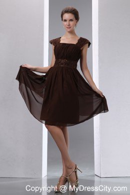 High-class Brown Square A-line Beaded Maid of Honor Dress Knee-length