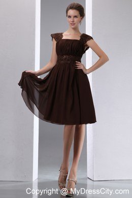 High-class Brown Square A-line Beaded Maid of Honor Dress Knee-length