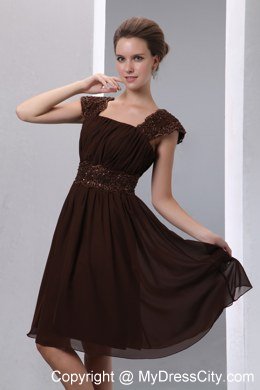 High-class Brown Square A-line Beaded Maid of Honor Dress Knee-length