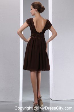 High-class Brown Square A-line Beaded Maid of Honor Dress Knee-length