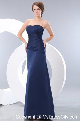 Cheap Navy Blue Strapless Ruched Slinky Bridesmaid Dress Floor-length