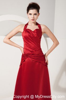 Elegant Red Empire Halter Ruched Floor-length Bridesmaid Dress