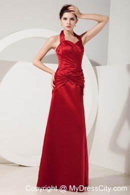 Elegant Red Empire Halter Ruched Floor-length Bridesmaid Dress