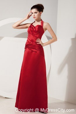 Elegant Red Empire Halter Ruched Floor-length Bridesmaid Dress