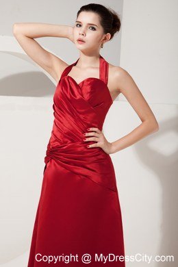 Elegant Red Empire Halter Ruched Floor-length Bridesmaid Dress