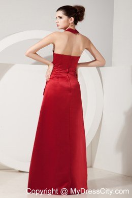 Elegant Red Empire Halter Ruched Floor-length Bridesmaid Dress