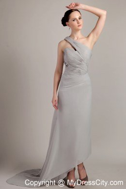 Grey Empire One Shoulder Brush Train Bridesmaid Gown in Chiffon