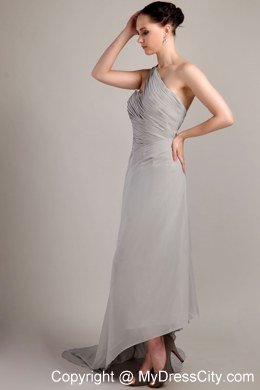 Grey Empire One Shoulder Brush Train Bridesmaid Gown in Chiffon