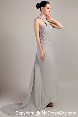 Grey Empire One Shoulder Brush Train Bridesmaid Gown in Chiffon