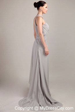 Grey Empire One Shoulder Brush Train Bridesmaid Gown in Chiffon