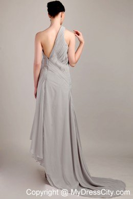 Grey Empire One Shoulder Brush Train Bridesmaid Gown in Chiffon