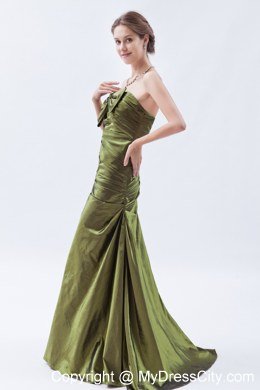 Olive Green A-line Brush Train Ruches and Bow Bridesmaid Dress