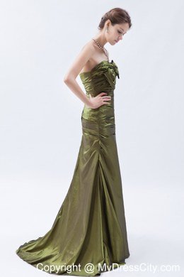 Olive Green A-line Brush Train Ruches and Bow Bridesmaid Dress