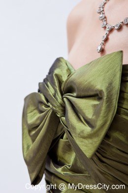 Olive Green A-line Brush Train Ruches and Bow Bridesmaid Dress